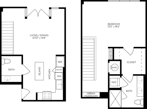 Floor plan for 1 bed, 1.5 baths, 1063 sqft